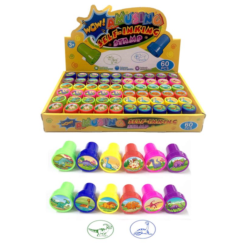 dinosaur stamp set 60 piece display box upgraded, 12 dinosaur designs bulk, PP stamps 6 colors retail ready