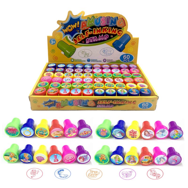 mermaid stamp set 60 piece display box, 24 mermaid designs bulk, PP stamps 6 colors retail ready