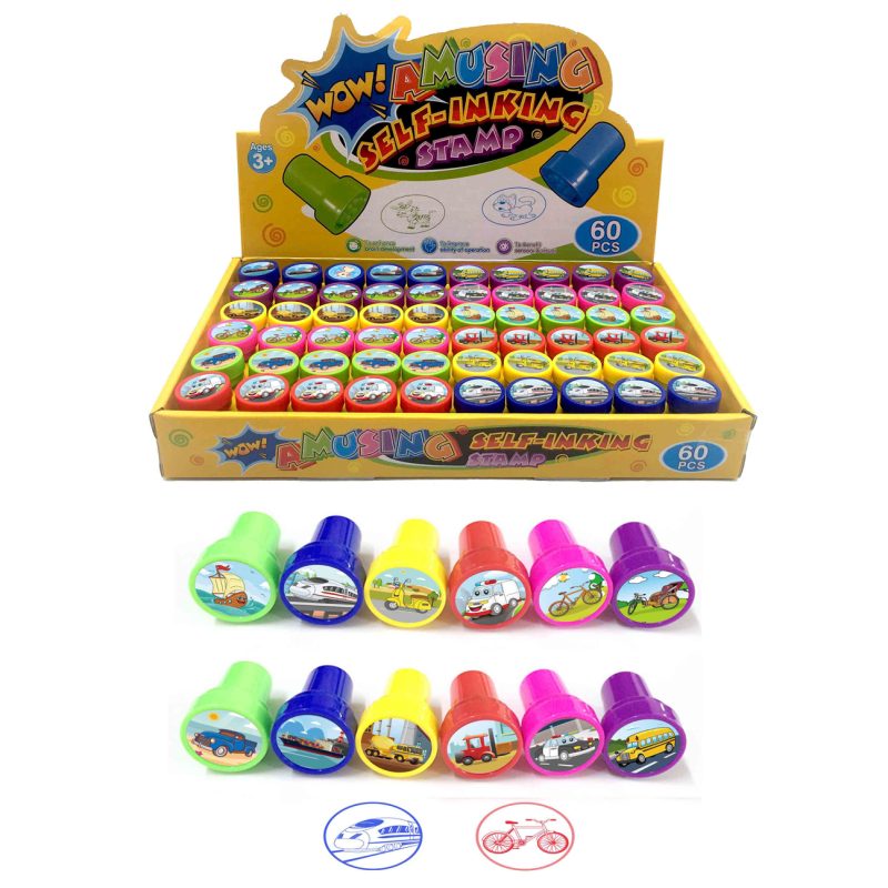 vehicle stamp set 60 piece display box upgraded, 12 vehicle designs bulk, PP stamps 6 colors retail ready