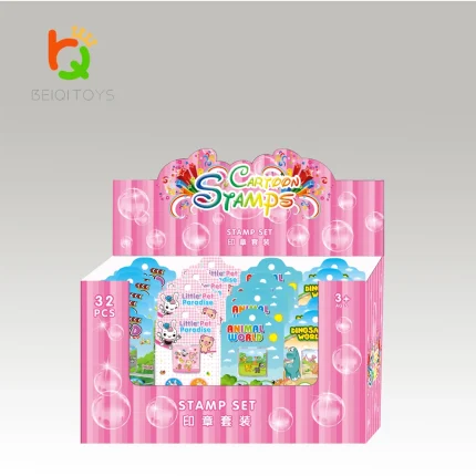 assorted rubber stamps 32 pack mixed themes, best seller blister pack display box, bulk wholesale stamp assortment for supermarket