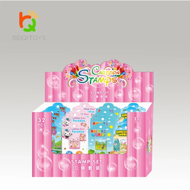 assorted rubber stamps 32 pack mixed themes, best seller blister pack display box, bulk wholesale stamp assortment for supermarket