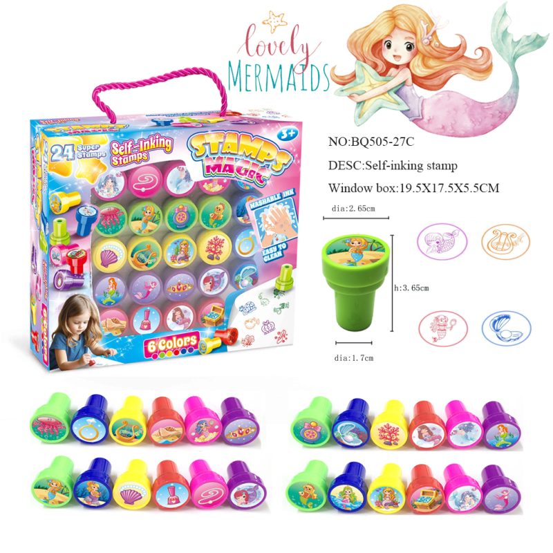 mermaid stamp set 24 patterns window gift box handle, classic underwater stamps PP material 6 colors, retail ready stamp set for supermarket
