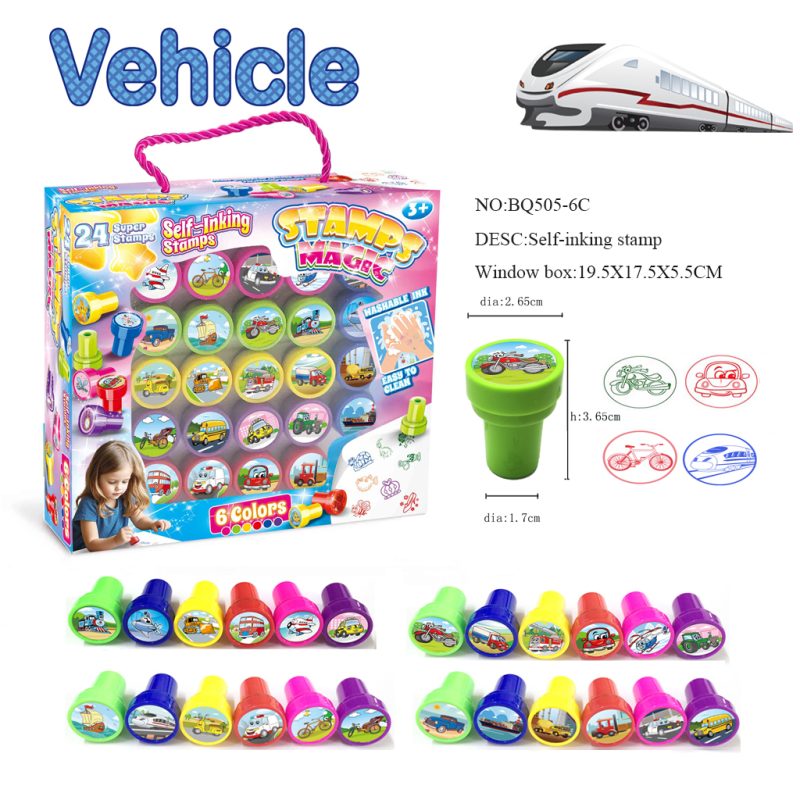 vehicle stamp set 24 patterns window gift box handle, classic transportation stamps PP material 6 colors, retail ready stamp set for supermarket