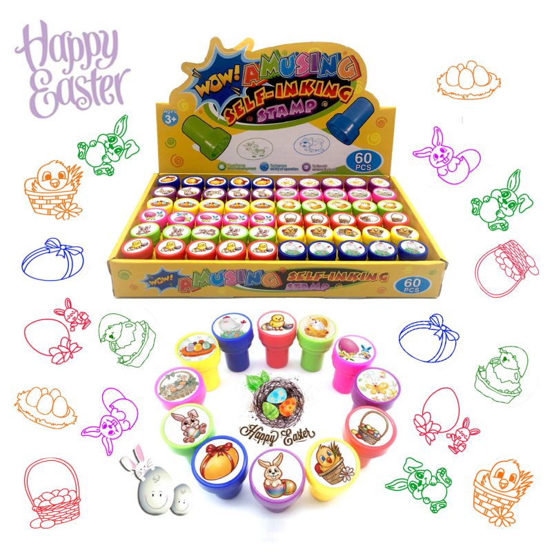 easter stamp set 60 piece display box, 12 easter designs bulk, PP stamps 6 colors retail ready