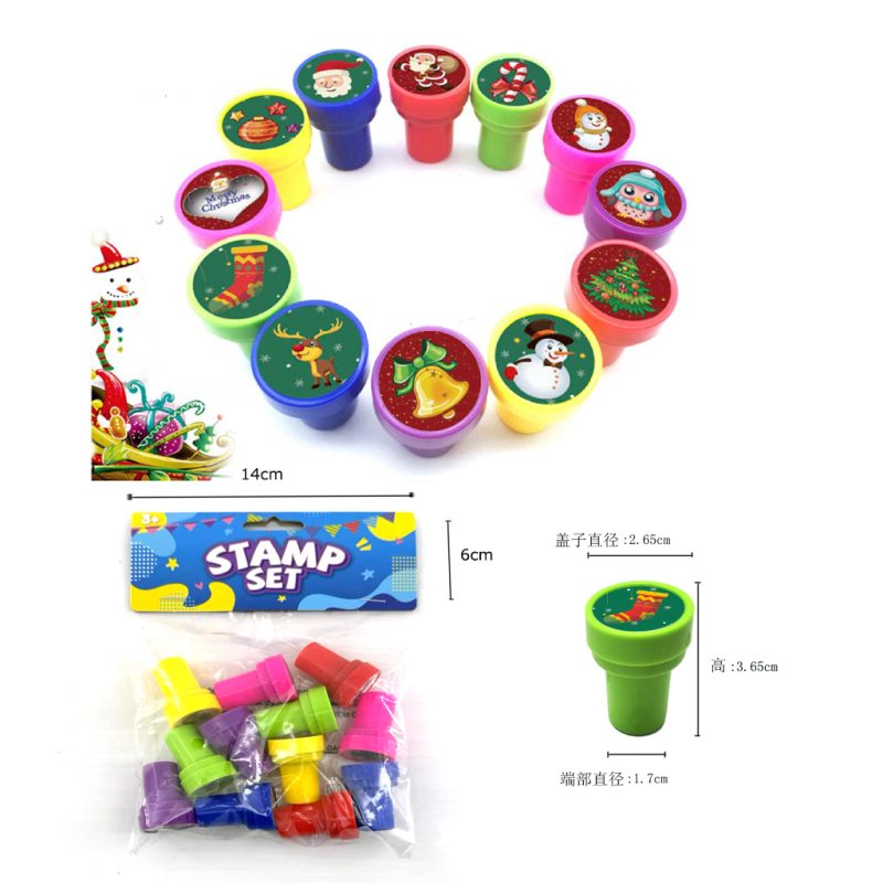 BQ505-D90 christmas stamp set 12pcs hanger bag, 12 holiday designs bulk, PP stamps 6 colors retail ready