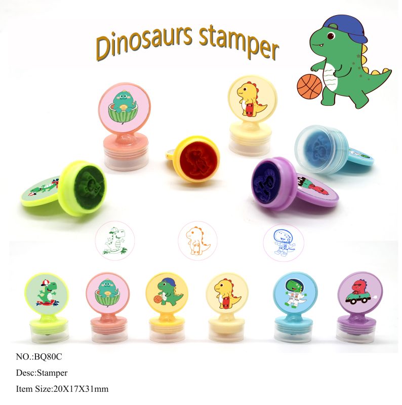 custom dinosaur round handle stamps bulk, mini T-Rex stamp for candy packaging, dinosaur themed promotional giveaways