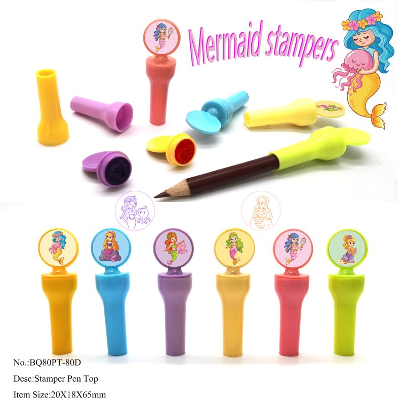custom mermaid cap stamps for pencils bulk, mermaid stamp with pencil cap, mermaid themed pencil topper promotional toys