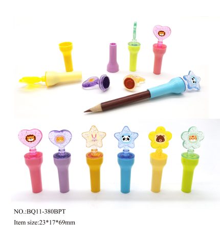 custom animal shaped cap stamps star heart flower handles glitter PS, cat stamp with PP pencil cap, unique girls party favors bulk