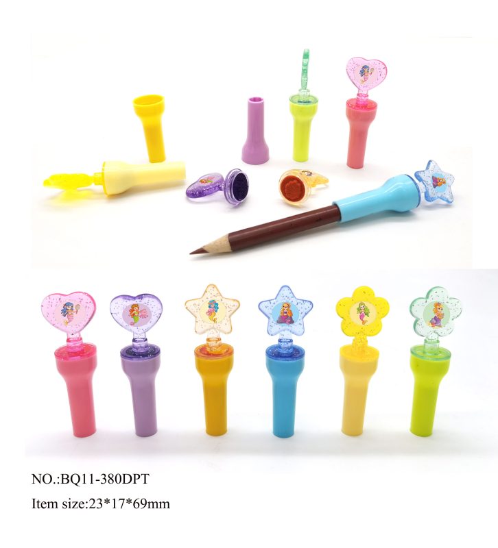 custom mermaid shaped cap stamps star heart flower handles glitter PS, mermaid stamp with PP pencil cap, unique girls party favors bulk